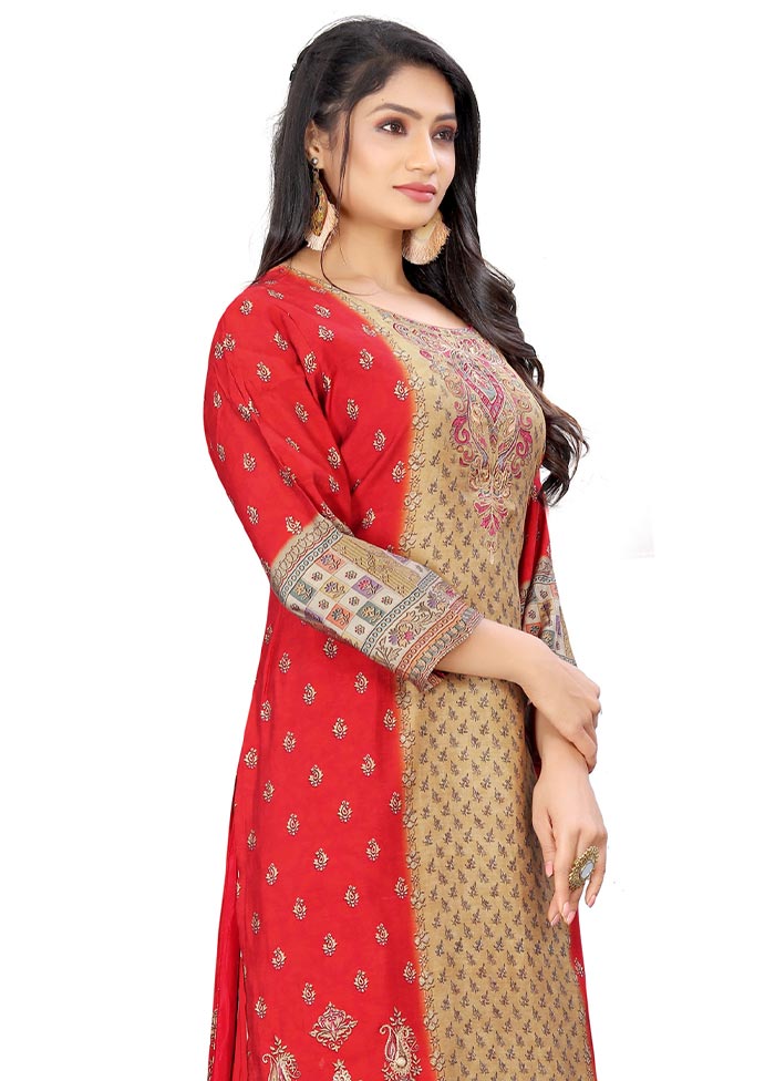 3 Pc Red Unstitched Silk Suit Set Clearance With Credit Card