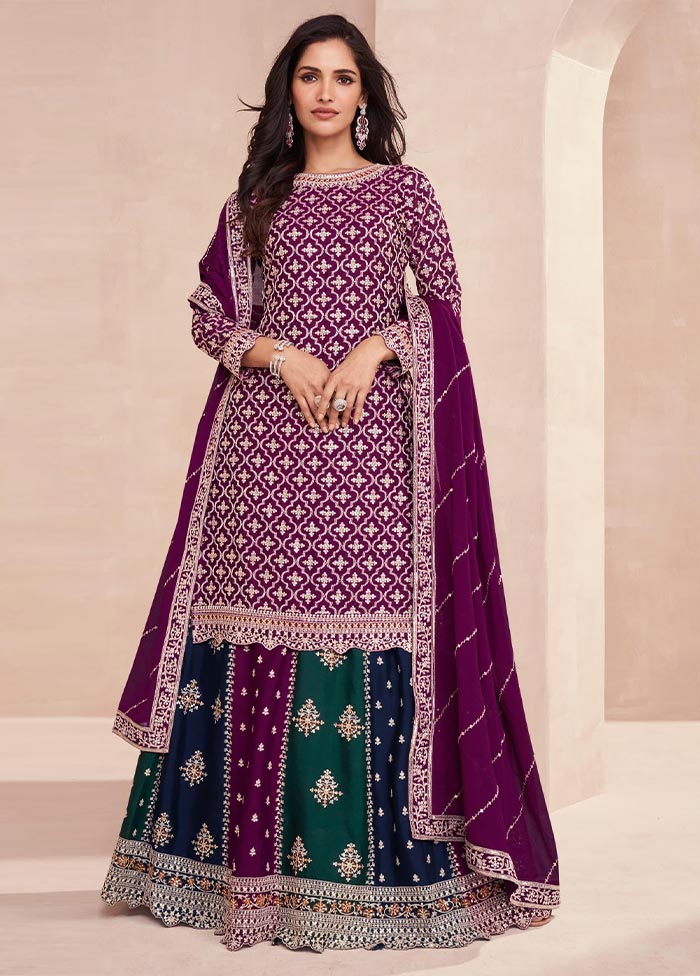 3 Pc Magenta Semi Stitched Silk Suit Set For Sale Free Shipping