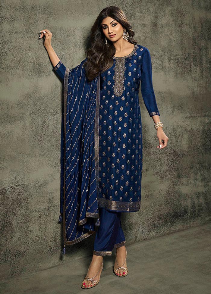 3 Pc Navy Blue Semi Stitched Viscose Suit Set Cheap Sale Footlocker Pictures