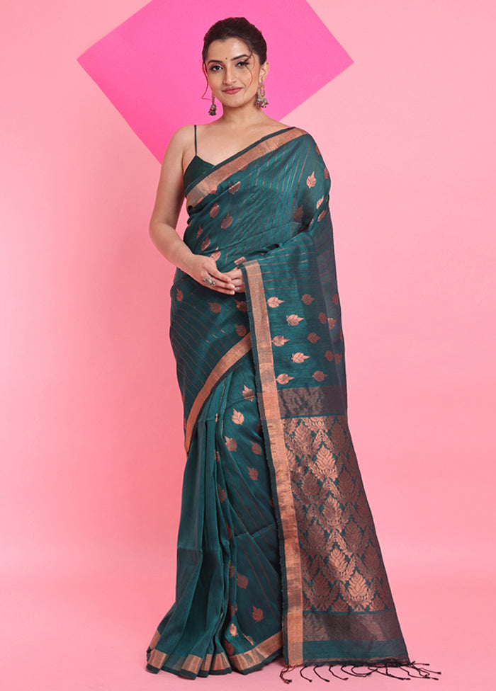 Teal Linen Silk Saree With Blouse Piece Discount Popular