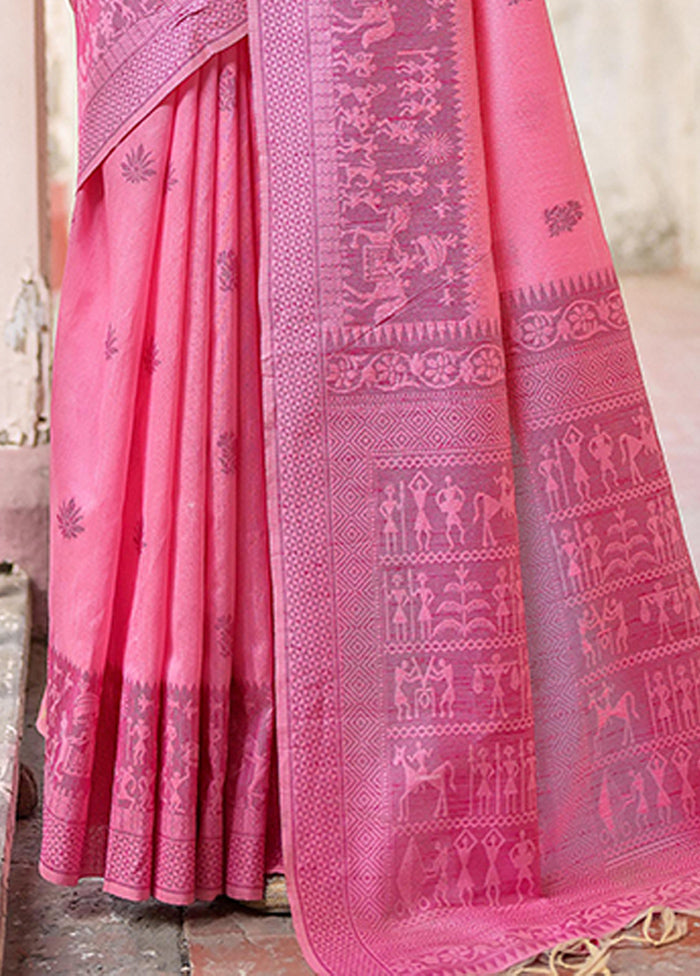 Pink Spun Silk Saree With Blouse Piece Free Shipping 100% Original