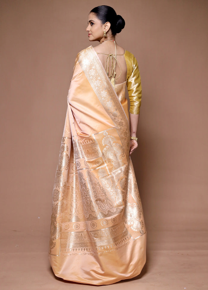 Peach Banarasi Silk Saree With Blouse Piece Sale Cheap Pice