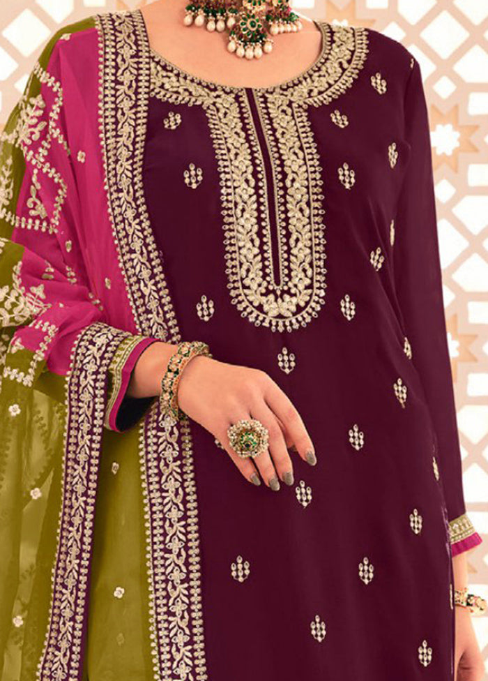 3 Pc Magenta Semi Stitched Silk Suit Set In China For Sale