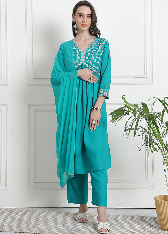 3 Pc Teal Blue Readymade Rayon Suit Set Sale Release Dates