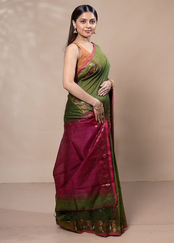 Green Khadi Cotton Saree With Blouse Piece Clearance Original