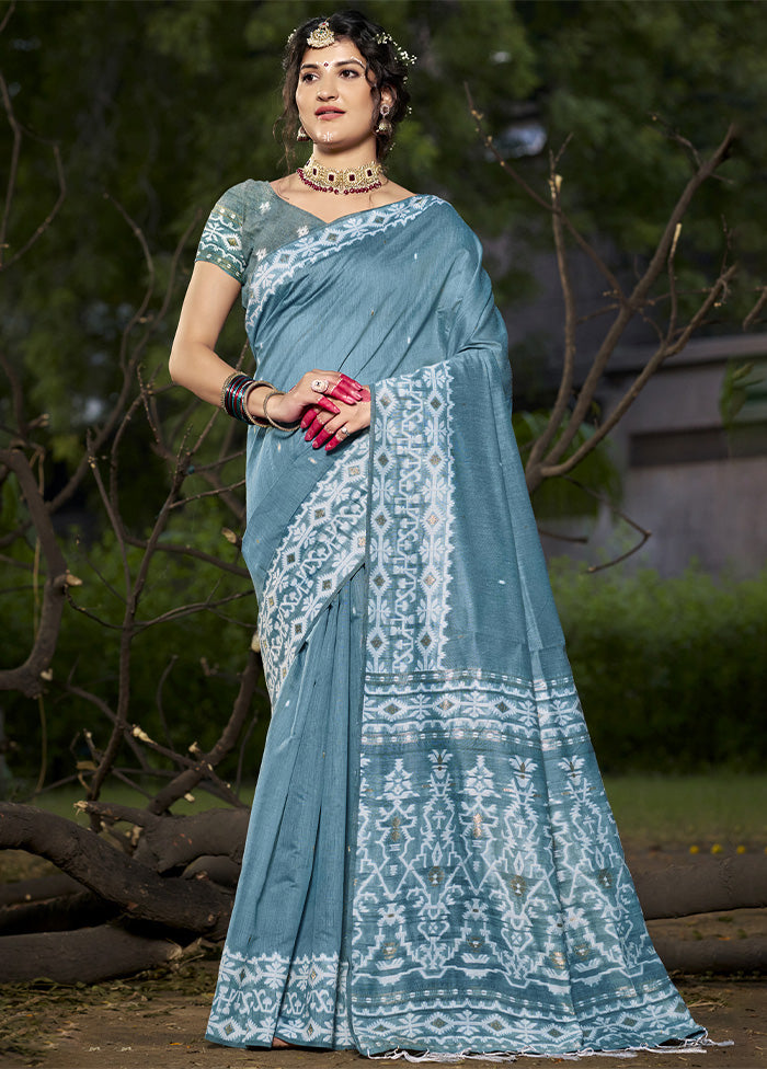 Light Blue Cotton Saree With Blouse Piece Discount Pay With Paypal