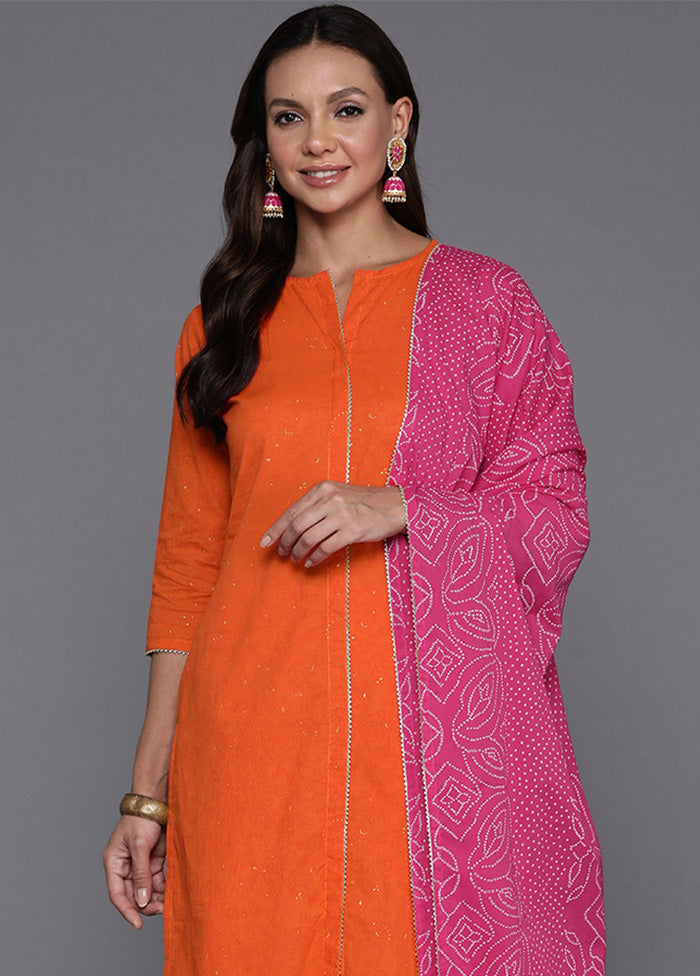 3 Pc Orange Pure Readymade Cotton Dupatta Suit Set Authentic Online