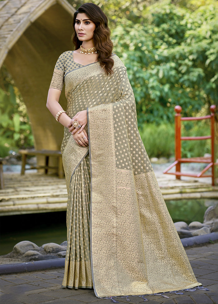 Grey Spun Silk Saree With Blouse Piece With Paypal Online