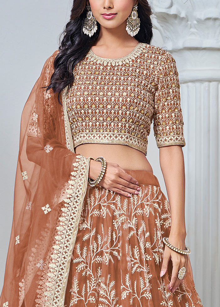 3 Pc Brown Net Semi Stitched Lehenga Set Online