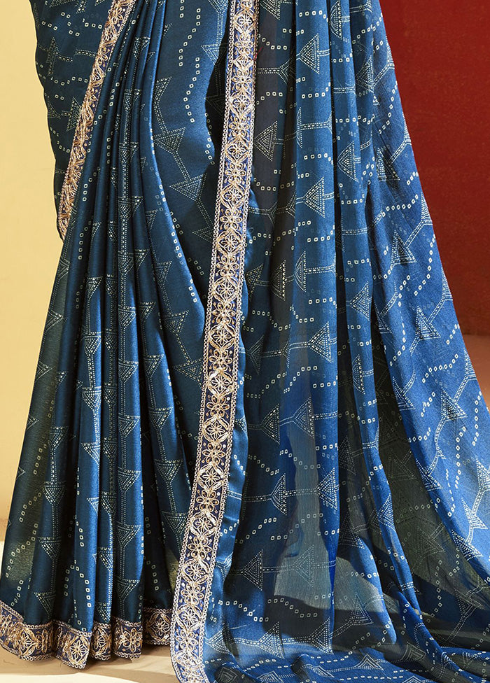 Blue Chiffon Silk Saree With Blouse Piece Cheap Sale 100% Guaranteed