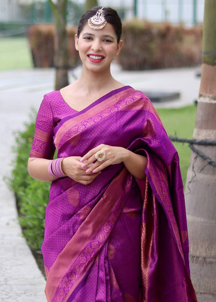 Purple Banarasi Silk Saree With Blouse Piece Low Pice Fee Shipping