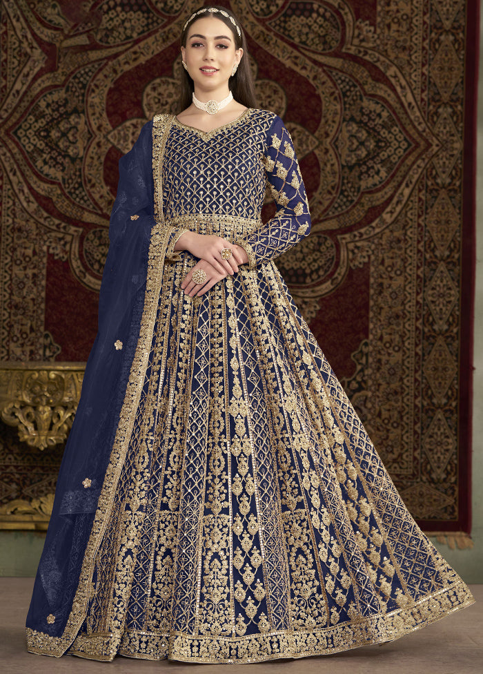 Blue Semi Stitched Net Dupatta Indian Dress Free Shipping 100% Guaranteed