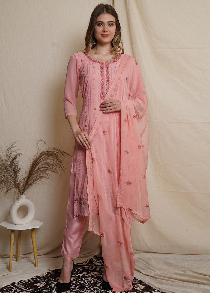 3 Pc Pink Unstitched Georgette Suit Set 100% Original Online