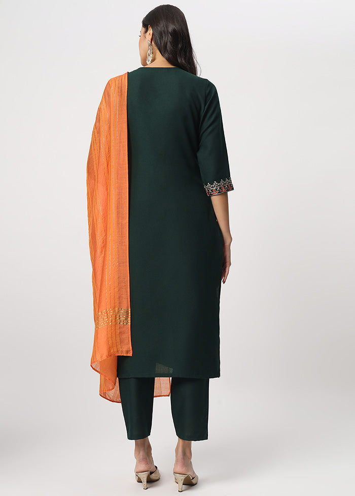 3 Pc Bottle Green Readymade Cotton Dupatta Suit Set Sale With Mastercard