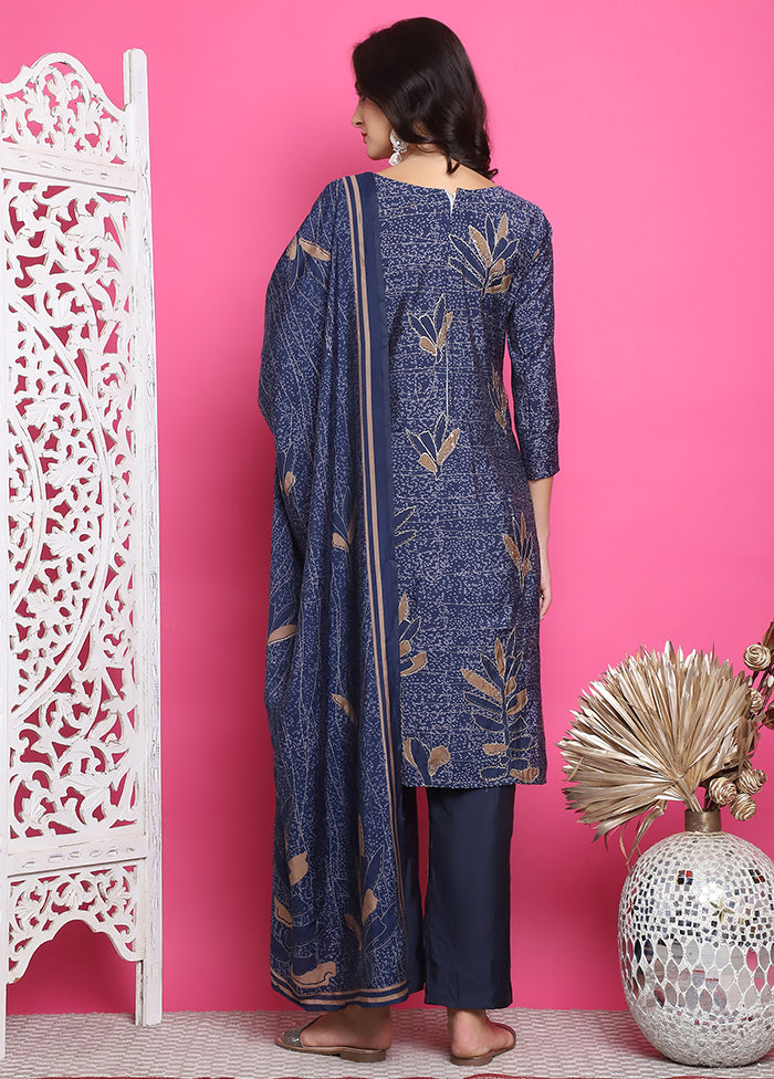 3 Pc Blue Semi Stitched Silk Suit Set Cheap Low Shipping