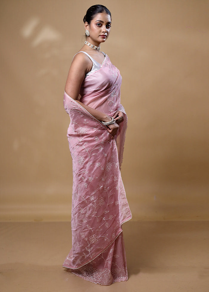 Pink Organza Saree With Blouse Piece Clearance Free Shipping