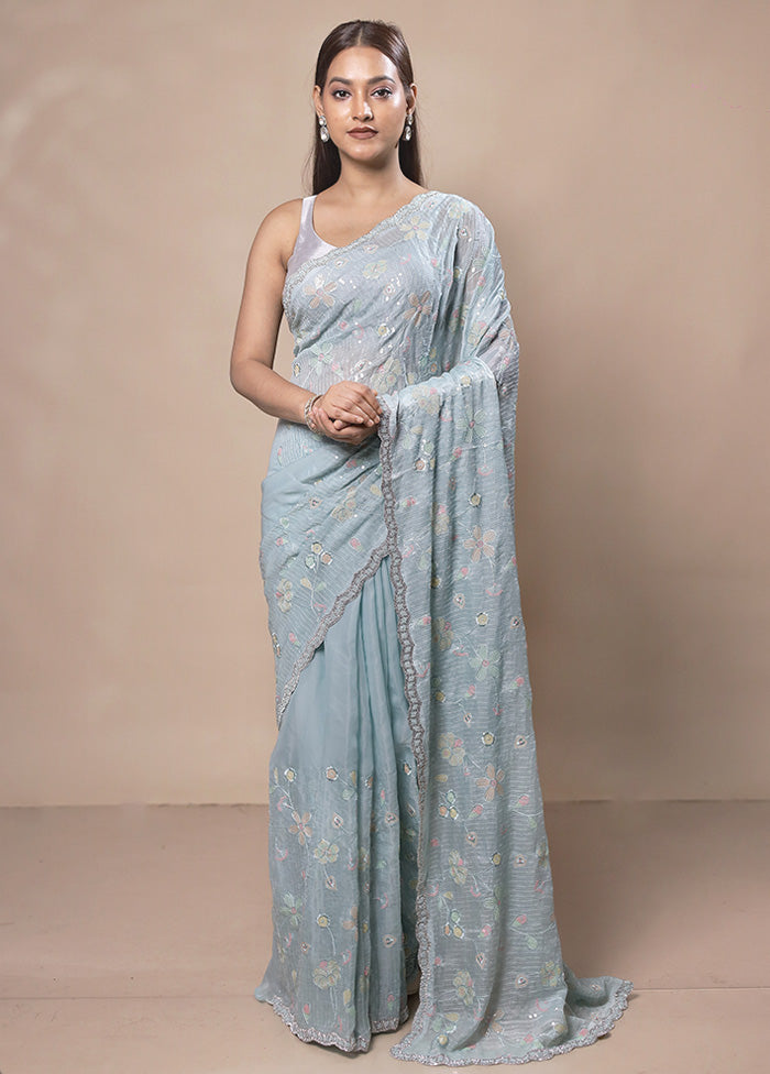 Sky Blue Silk Saree With Blouse Piece 100% Authentic