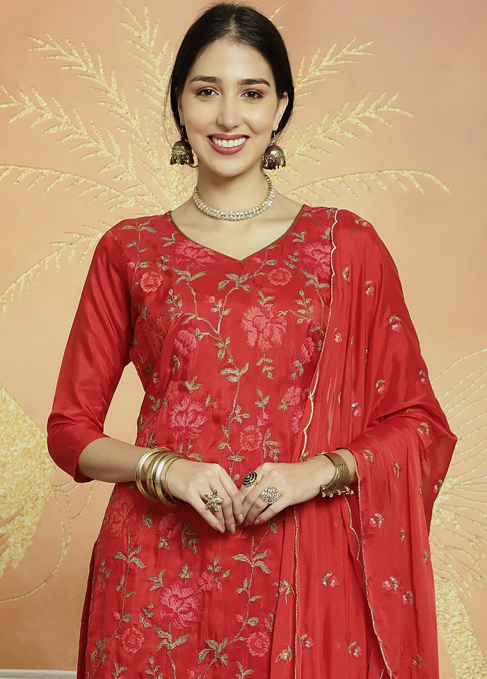 3 Pc Red Unstitched Silk Suit Set With Mastercard For Sale