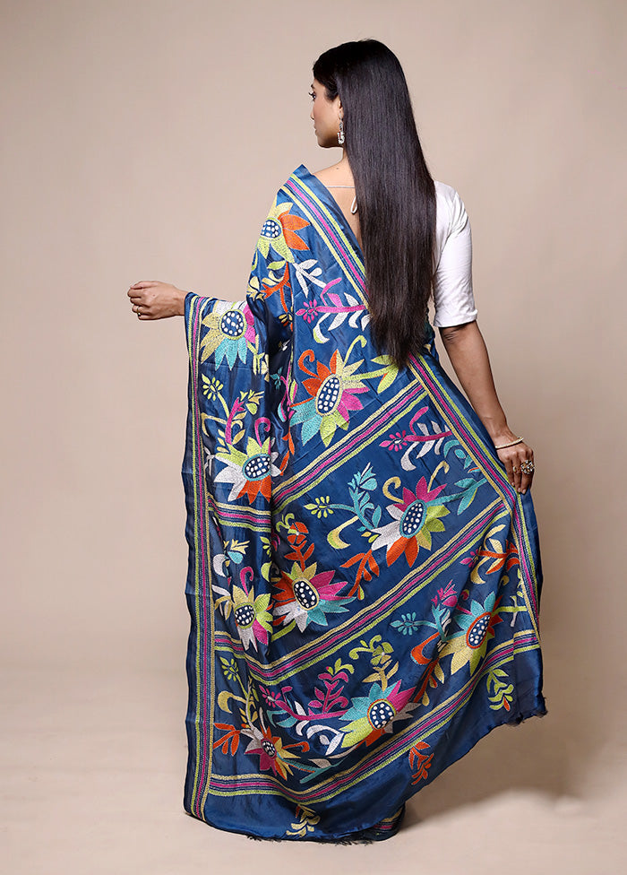 Blue Kantha Stitch Silk Saree With Blouse Piece Free Shipping View