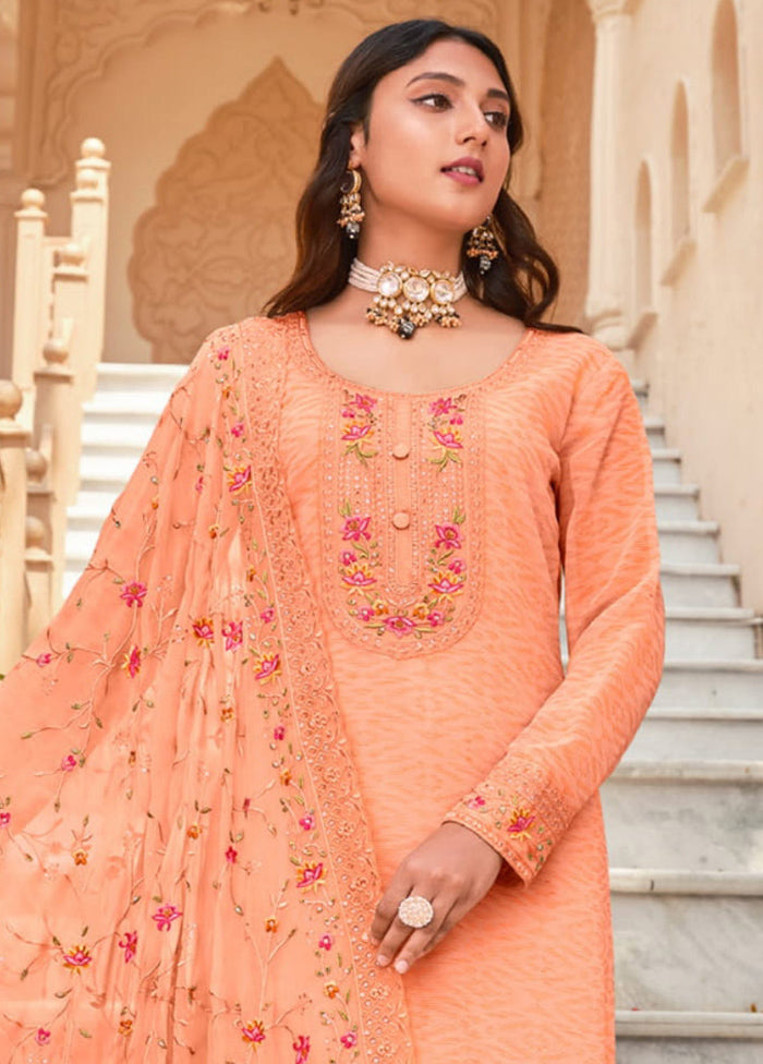 3 Pc Peach Semi Stitched Georgette Suit Set Cheap Low Pice Fee Shipping