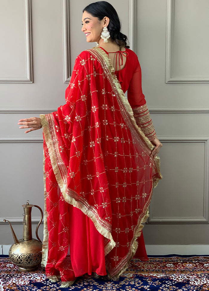 3 Pc Red Readymade Georgette Dupatta Suit Set Buy Cheap Wide Range Of