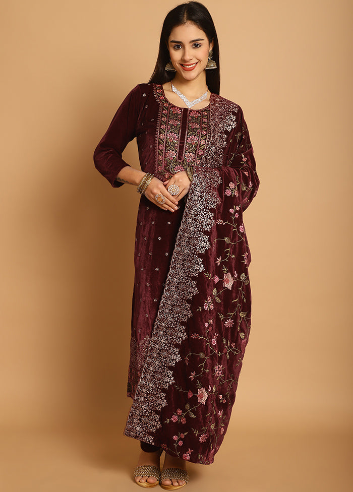 3 Pc Maroon Unstitched Velvet Suit Set Visa Payment For Sale