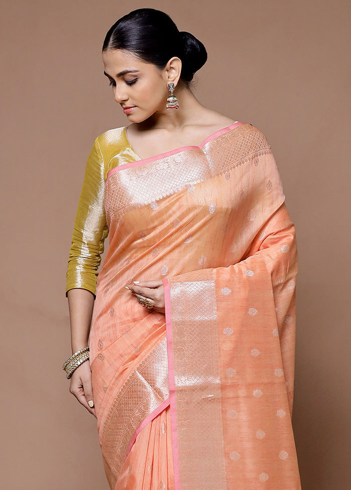 Peach Kora Silk Saree With Blouse Piece Cheap Fake