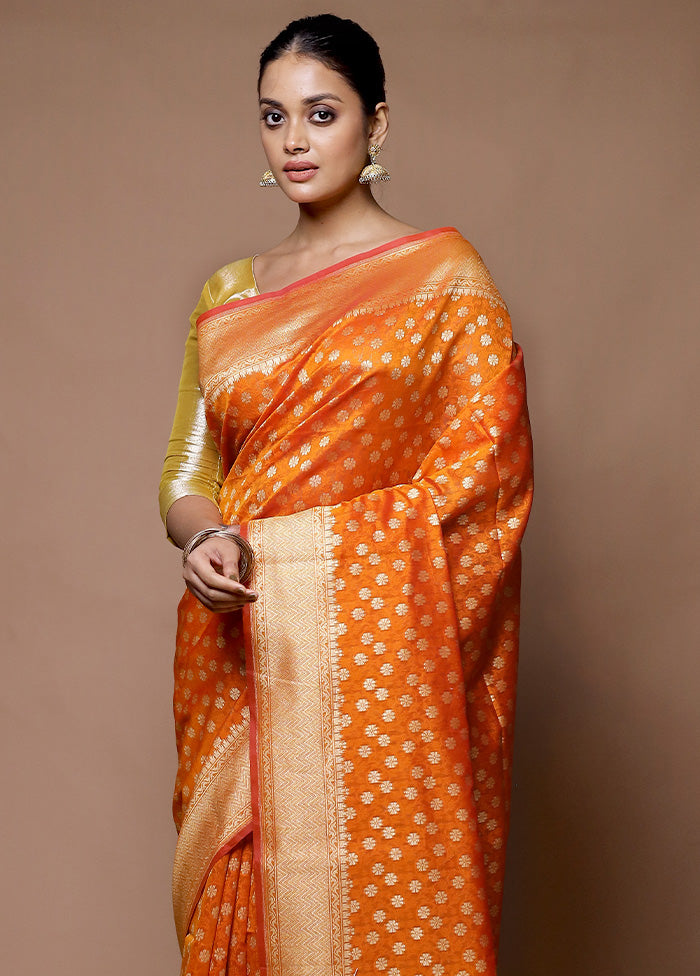 Orange Kora Silk Saree With Blouse Piece Buy Cheap Big Sale