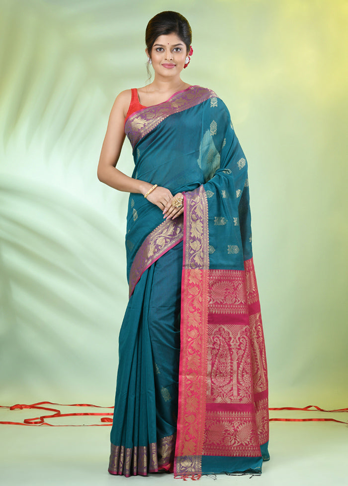 Teal Pure Cotton Saree With Blouse Piece Outlet Collections