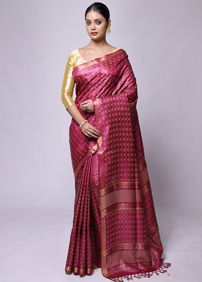 Pink Tussar Silk Saree With Blouse Piece Sale Authentic