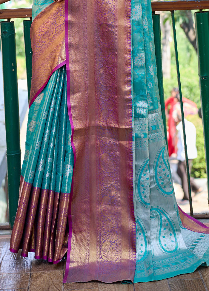 Turquoise Banarasi Silk Saree With Blouse Piece Cheap Get To Buy