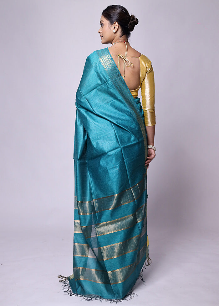 Blue Tussar Silk Saree With Blouse Piece Official Site Sale Online