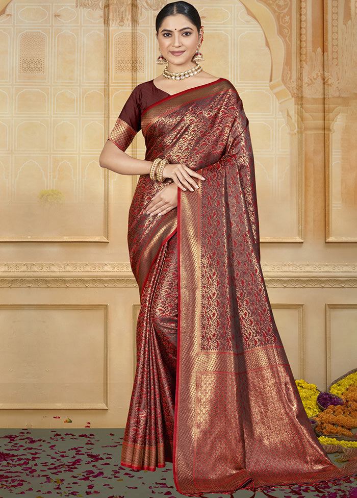 Maroon Spun Silk Saree With Blouse Piece Cheap Footlocker Finishline