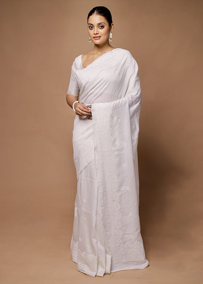 White Handloom Pure Cotton Saree With Blouse Piece Amazon Online