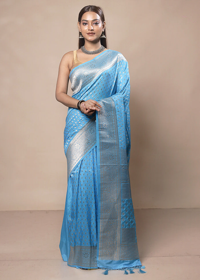 Blue Dupion Silk Saree With Blouse Piece Purchase For Sale