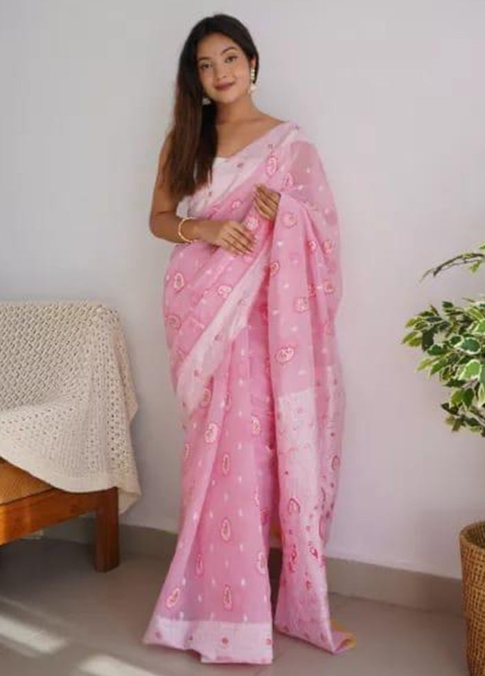 Light Pink Cotton Saree With Blouse Piece Free Shipping Cheap Online