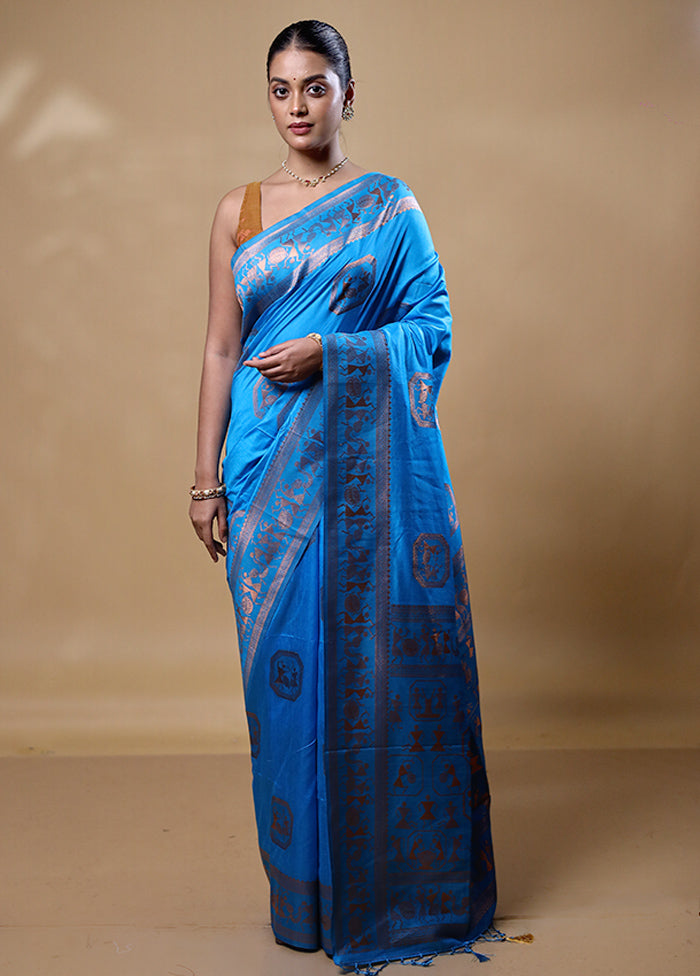 Blue Dupion Silk Saree With Blouse Piece Very Cheap Sale Online