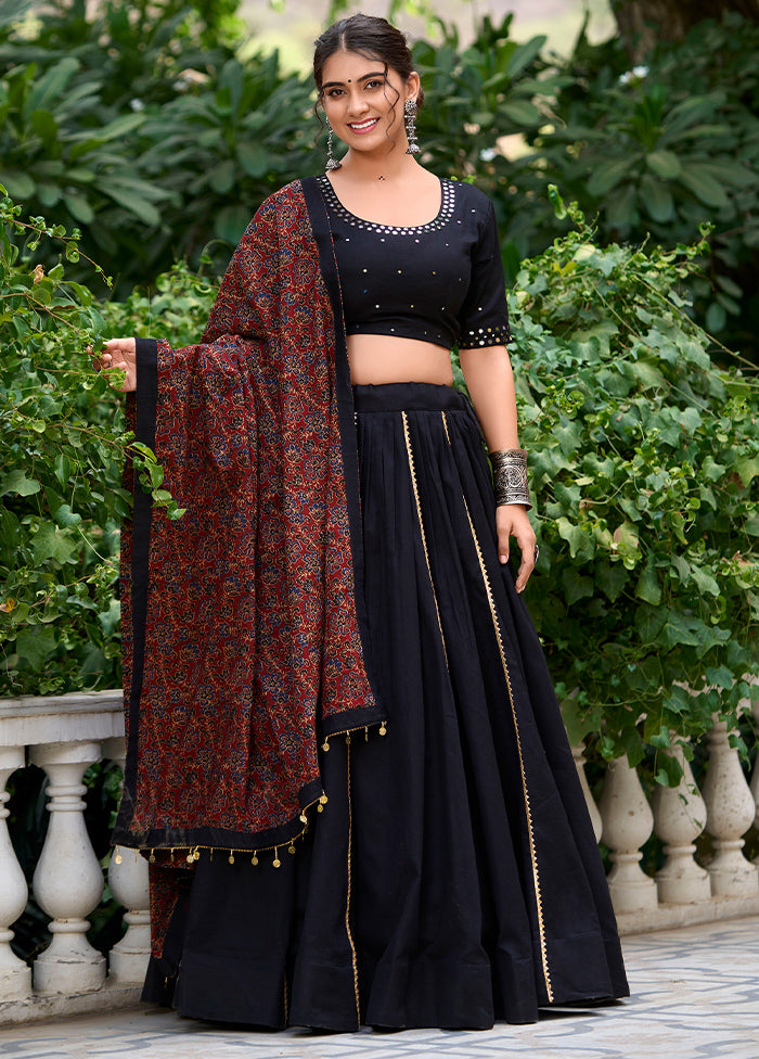 3 Pc Black Pure Cotton Semi Stitched Lehenga Set Excellent Sale Online