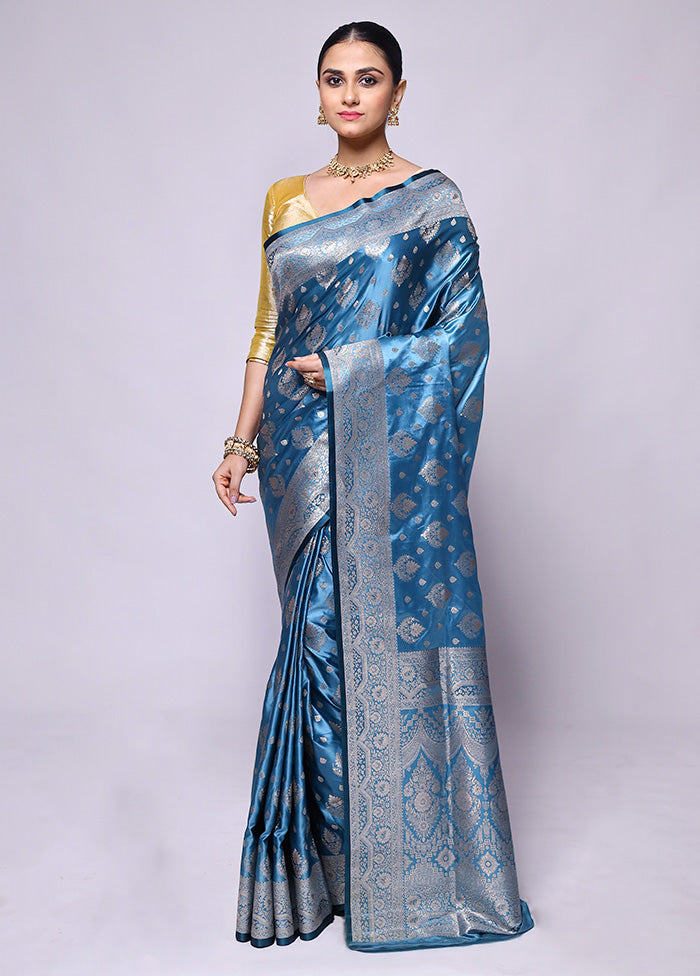 Blue Banarasi Silk Saree With Blouse Piece Clearance Low Pice