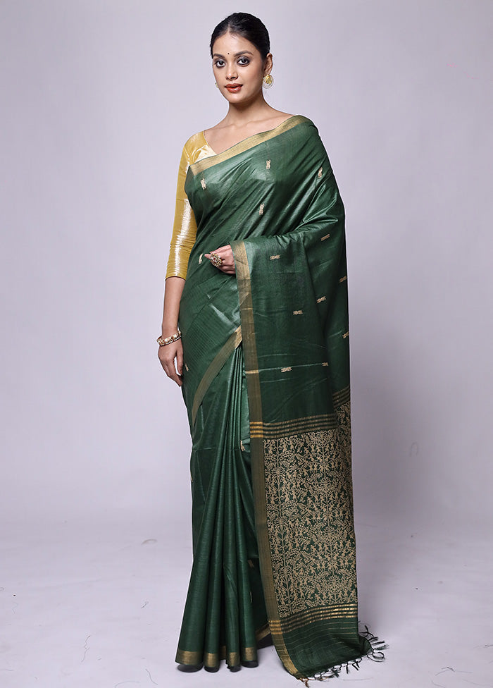 Green Handloom Tussar Pure Silk Saree With Blouse Piece Free Shipping Online