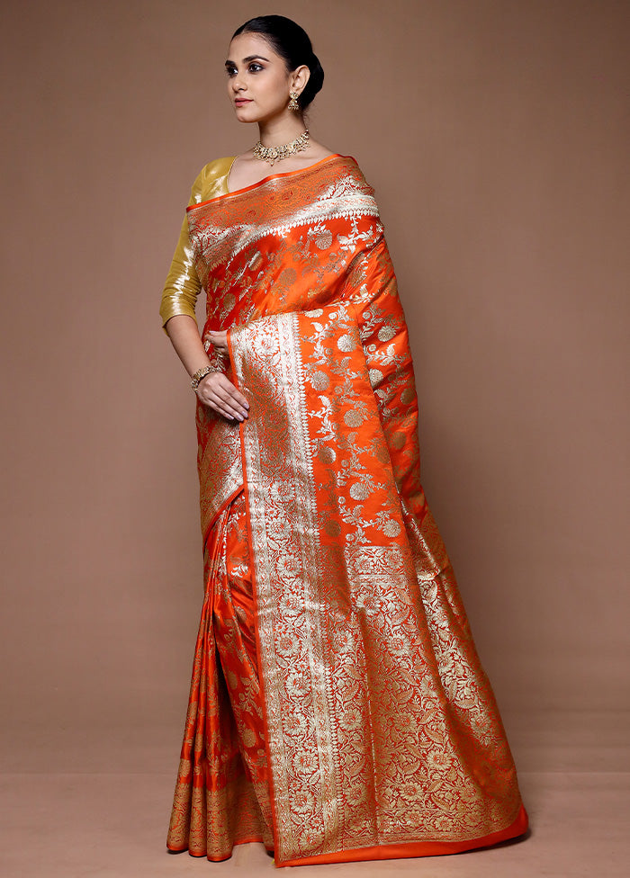 Orange Banarasi Silk Saree With Blouse Piece Get To Buy