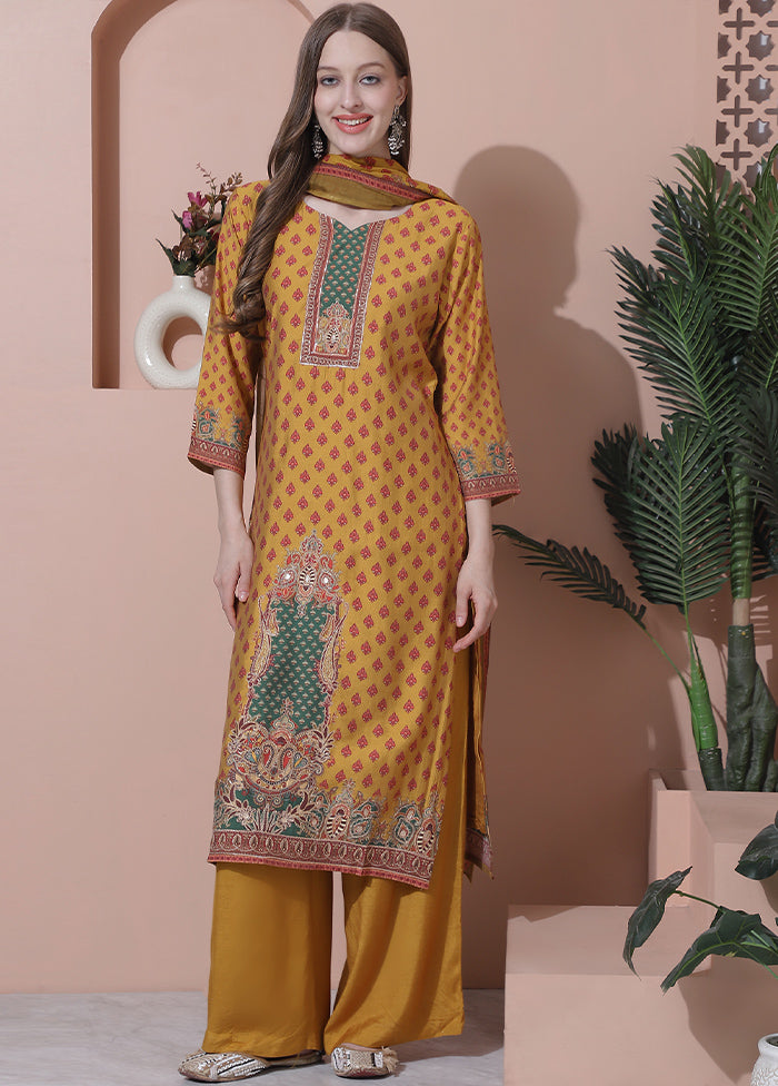 3 Pc Mustard Semi Stitched Silk Suit Set Outlet For You