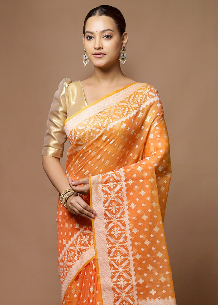 Orange Kora Silk Saree With Blouse Piece Outlet Online