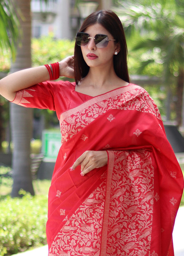 Red Spun Silk Saree With Blouse Piece Cheap Sale Big Sale