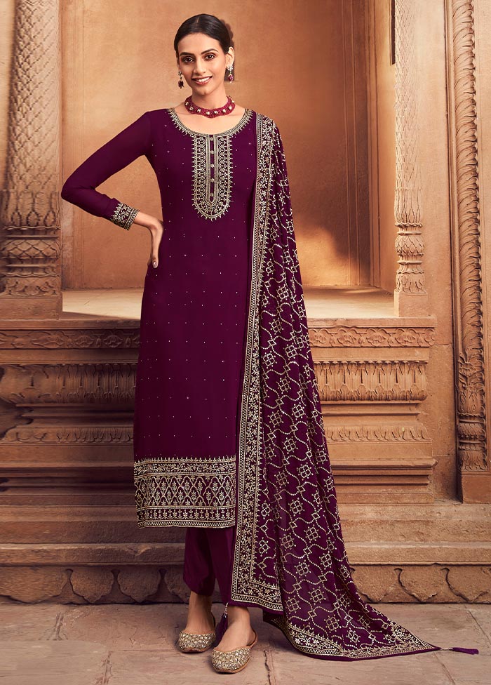 3 Pc Burgundy Semi Stitched Georgette Suit Set Visit Online