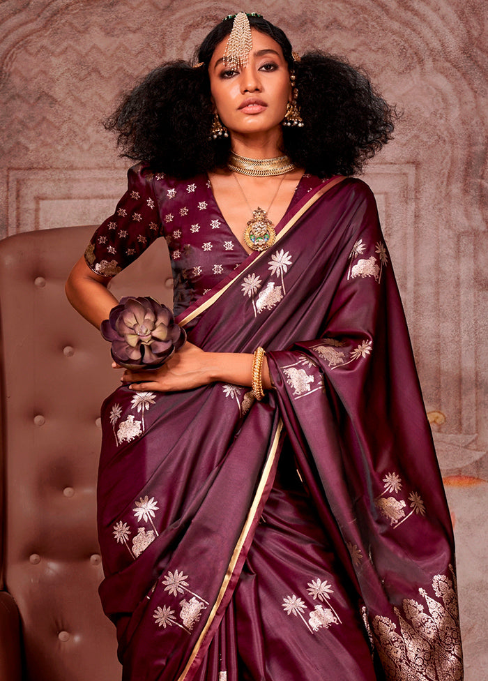 Wine Spun Silk Saree With Blouse Piece Outlet Exclusive