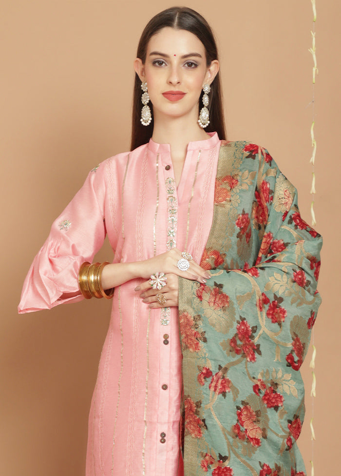 3 Pc Peach Unstitched Chanderi Suit Set Free Shipping Best Pices