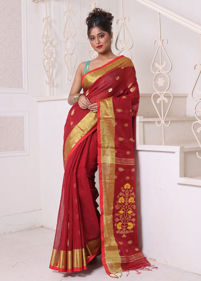 Maroon Pure Cotton Saree With Blouse Piece Store With Big Discount