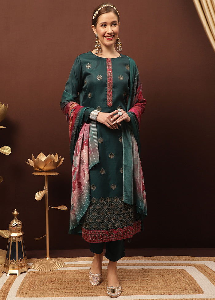 3 Pc Teal Unstitched Silk Suit Set Cheapest Pice Cheap Pice