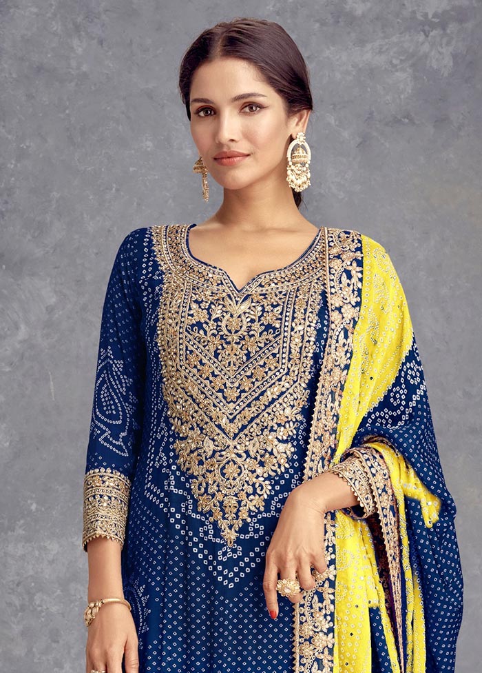 3 Pc Blue Semi Stitched Silk Suit Set Free Shipping Wholesale Pice